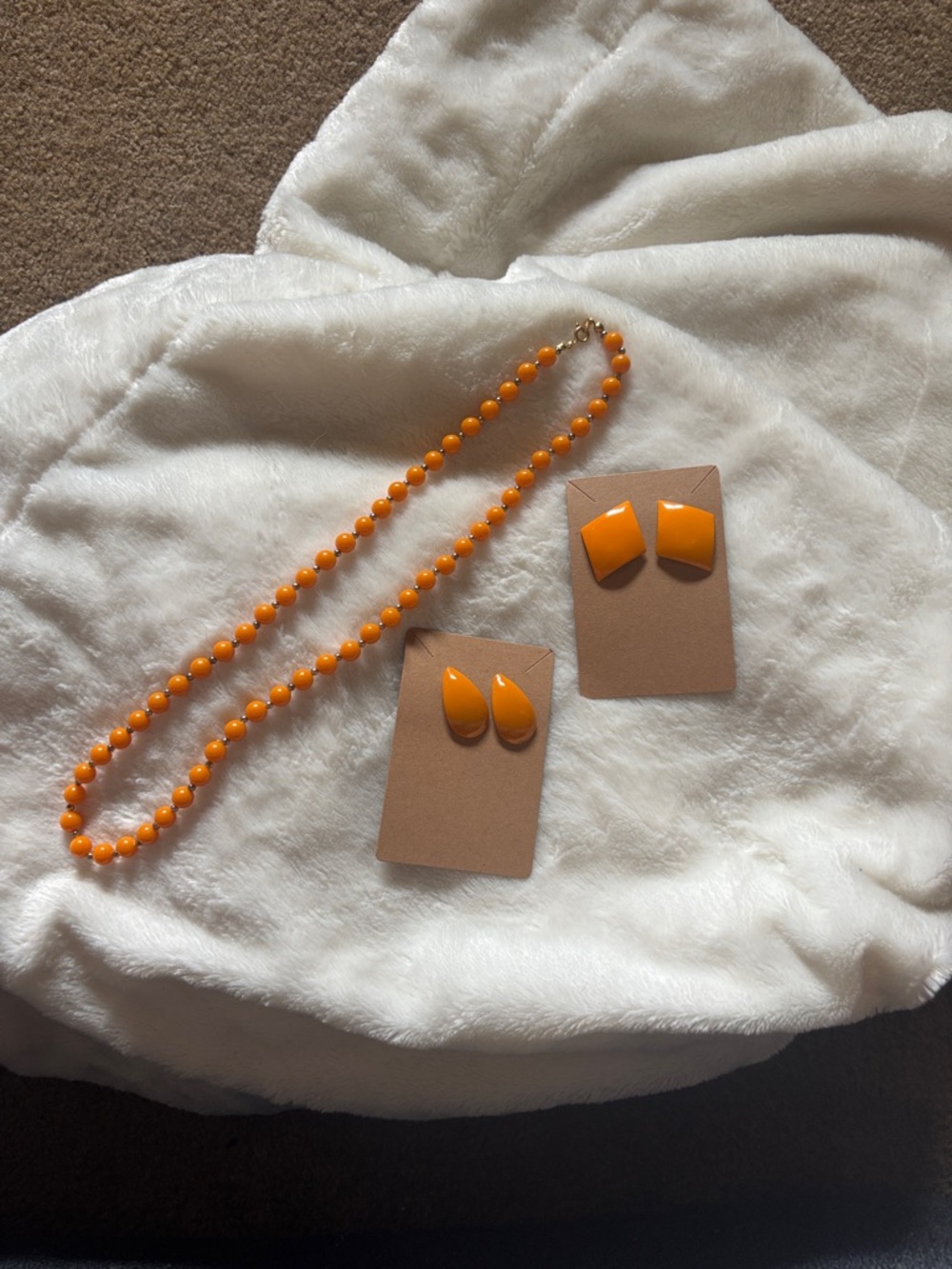 Orange Bead Necklace with Matching Earrings Set